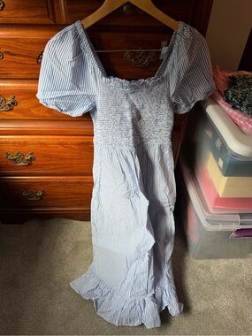 J. Crew Light Blue and White Striped Midi Dress
